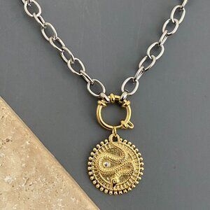 NEW, necklace, silver steel NON-TARNISH CHAIN, gold cz snake disc medallion